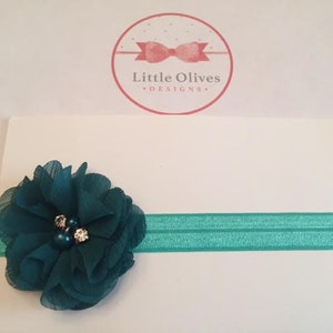 flor de chiffon cor pavão pérola e strass com faixa aqua