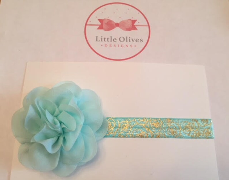 small aqua chiffon flower with aqua headband with gold rose print