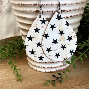 Star chubby teardrop earrings - portuguese cork earrings - genuine leather earrings