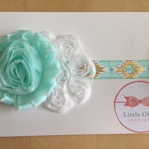 aqua aztec headband with aqua and white flowers