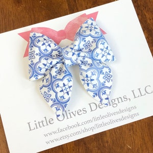 Blue tile hair bow - portuguese blue tile inspired sailor faux leather hair bow