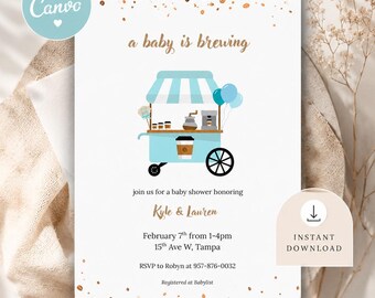 Digital Baby is Brewing Baby Boy Shower Invite Editable