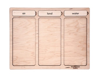 AIR, LAND or WATER • Animals / Transportation Wooden Sorting Tray, Wood Mat, Educational Toy, Grouping Game, Classify Activity