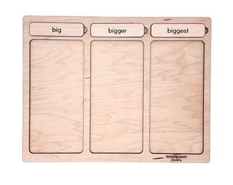 Wooden Sorting Tray, Big Bigger Biggest, Educational Montessori Toy, Walnut Birch Board