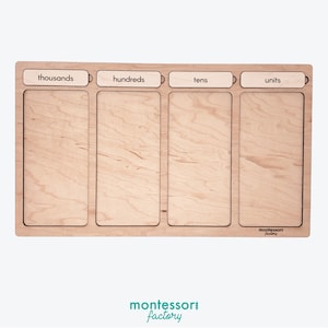 Könnte beinhalten: Ein hölzerner Stellenwerttafel mit vier Abschnitten, die mit "Tausender", "Hunderter", "Zehner" und "Einser" beschriftet sind. Die Tafel ist aus hellem Holz gefertigt und trägt unten rechts das Logo "montessori factory".