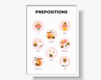 PREPOSITIONS Language Kids Room Home Decor Wall Art Montessori Kindergarten Primary Educational Poster Learning Chart Printable