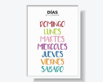 Spanish Days of the Week Poster, Montessori Learning (Digital Download)