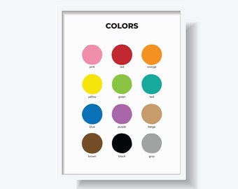 May include: A color chart with 12 different colored circles, each labeled with the color name: pink, red, orange, yellow, green, teal, blue, purple, beige, brown, black, and gray. The chart is titled "COLORS" and has the text "montessori factory" at the bottom.