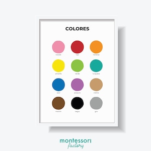 COLORES (Español) Arte Niños Sala Pared Arte Montessori Kindergarten Primaria Póster Educativo Tabla de Aprendizaje Imprimible