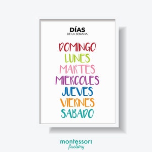 DIAS de la SEMANA Spanish Kids Room Wall Art Montessori Kindergarten Primary Educational Poster Learning Chart Printable