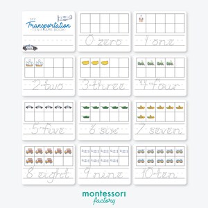 TRANSPORTATION VEHICLES • Montessori Cards • Math Ten Frame Books • Printable PDF