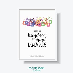 Lo que hace la MANO la MENTE RECUERDA Maria Cita Niños Arte de pared Montessori Kindergarten Póster educativo primario Tabla de aprendizaje Imprimible