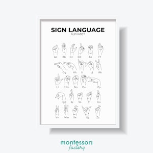 LENGUAJE DE SEÑAS ALFABETO AMERICANO Negro y Blanco Niños Habitación Pared Arte Montessori Kindergarten Primaria Póster Educativo Tabla de Aprendizaje Imprimible