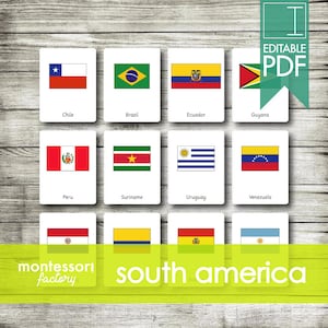 BANDIERE DEL SUD AMERICA • Carte Montessori • Carte flash • Carte in tre parti • Carte nomenclatura • Materiale didattico • Stampabile • Modificabile