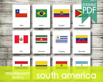 SOUTH AMERICA FLAGS • Montessori Cards • Flash Cards • Three Part Cards • Nomenclature Cards • Educational Material • Printable • Editable