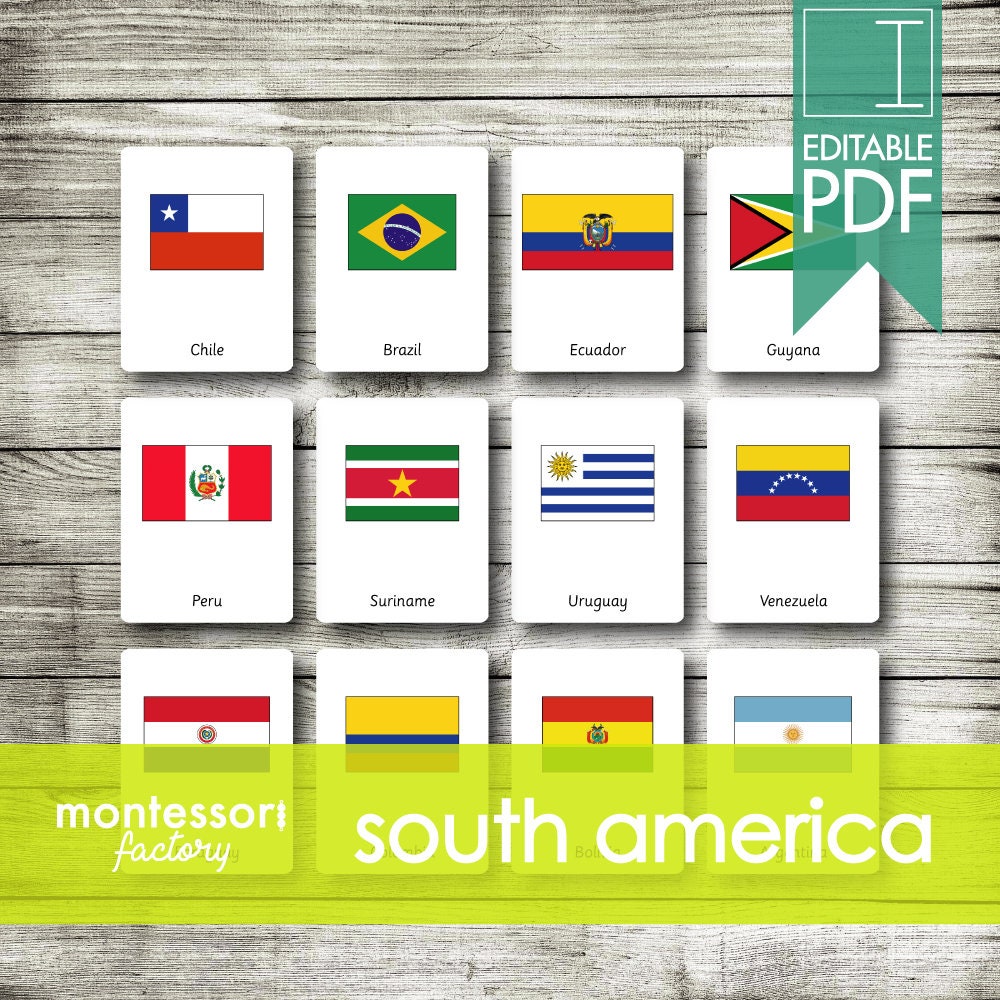 SOUTH AMERICA FLAGS • Montessori Cards • Flash Cards • Three Part Cards • Nomenclature Cards • Educational Material • Printable • Editable