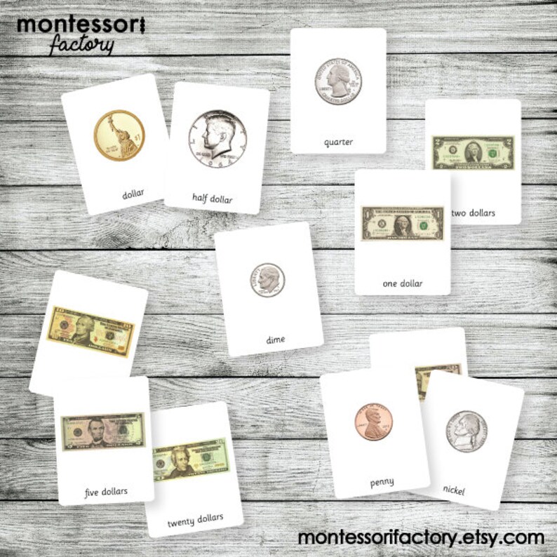 May include: A set of 10 flashcards featuring images of US currency and coins, including a penny, nickel, dime, quarter, half dollar, dollar, one dollar, two dollars, five dollars, and twenty dollars. The cards are white with black text and are laid out on a wooden surface.