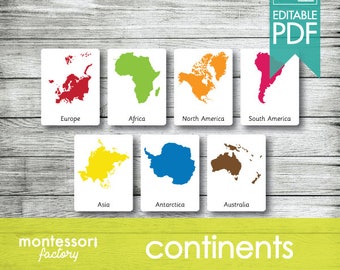 WORLD CONTINENTS • Montessori Cards • Flash Cards • Three Part Cards • Nomenclature Cards • Educational Material • Printable • Editable PDF