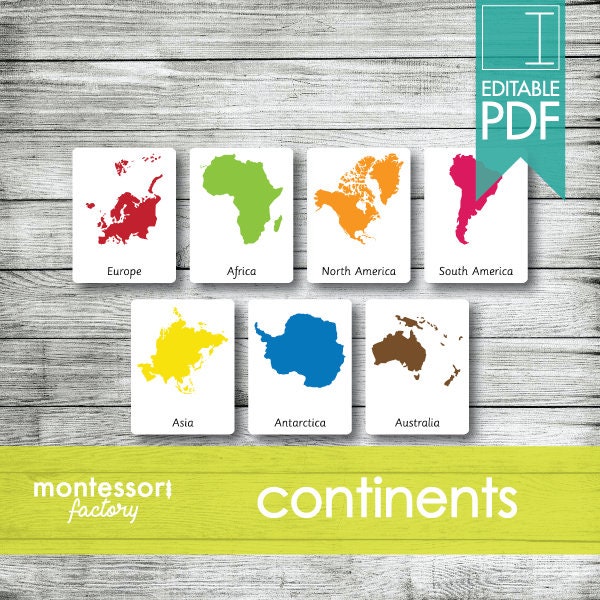 WORLD CONTINENTS • Montessori-Karten • Flash-Karten • Dreiteilige Karten • Nomenklaturkarten • Lernmaterial • Druckbar • Editierbare PDF