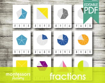 Può includere: Un set di 12 carte di frazioni stampabili che presentano varie forme divise in diverse frazioni. Le carte sono progettate per l'uso nell'educazione Montessori e presentano una varietà di colori, tra cui giallo, blu, grigio, arancione, rosa e viola.