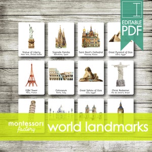WORLD ARCHITECTURE LANDMARKS ⦿ Montessori Karten • Flash-Karten • Dreiteilige Karten • Nomenklatur-Karten • Lehrreich • Druckbar • Bearbeitbar