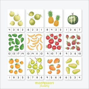 COUNTING FRUITS Numbers 1 to 20 • Montessori Counting Cards • Clip Cards • Flash Cards • Educational • Montessori Printable • Editable