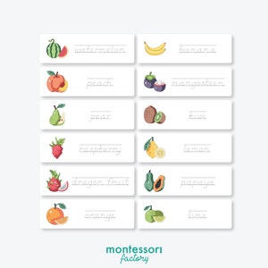 Cartões de PRÁTICA DE ESCRITA • FRUTAS • Montessori para imprimir • Material educativo • Aprenda a escrever • Pdf editável