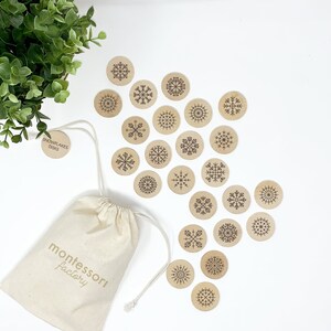 WINTER SNOWFLAKES • Wooden Coins • Wood Disks • Montessori Educational Toy • Memory Game • Stocking Stuffers For Kids • Flash Cards