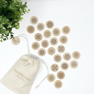 WINTER SNOWFLAKES • Wooden Coins • Wood Disks • Montessori Educational Toy • Memory Game • Stocking Stuffers For Kids • Flash Cards