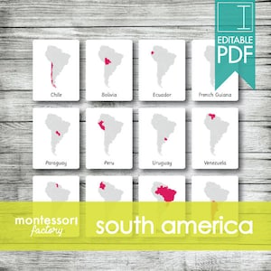 KAARTEN VOOR ZUID-AMERIKA • Montessorikaarten • Flitskaarten • Driedelige kaarten • Nomenclatuurkaarten • Educatief materiaal • Afdrukbaar • Bewerkbaar