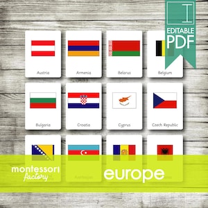 EUROPE FLAGS • Montessori Cards • Flash Cards • Three Part Cards • Nomenclature Cards • Educational • Montessori Printable • Editable PDF