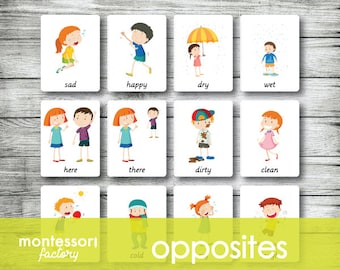 ADJECTIFS OPPOSÉS Cartes Montessori, Cartes Flash, Cartes en trois parties, Cartes de nomenclature, Matériel pédagogique, PDF imprimable, modifiable