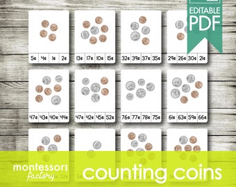 COUNTING Money COINS • Montessori Counting Cards • Clip Cards • Flash Cards • Educational Material • Printable • Editable PDF