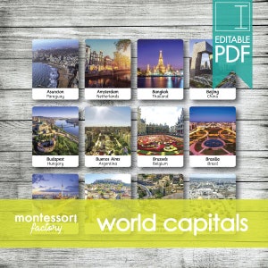CAPITAIS MUNDIAIS • Cartões Montessori • Cartões Flash • Cartões de três partes • Cartões de nomenclatura • Material educacional • Imprimível • PDF editável