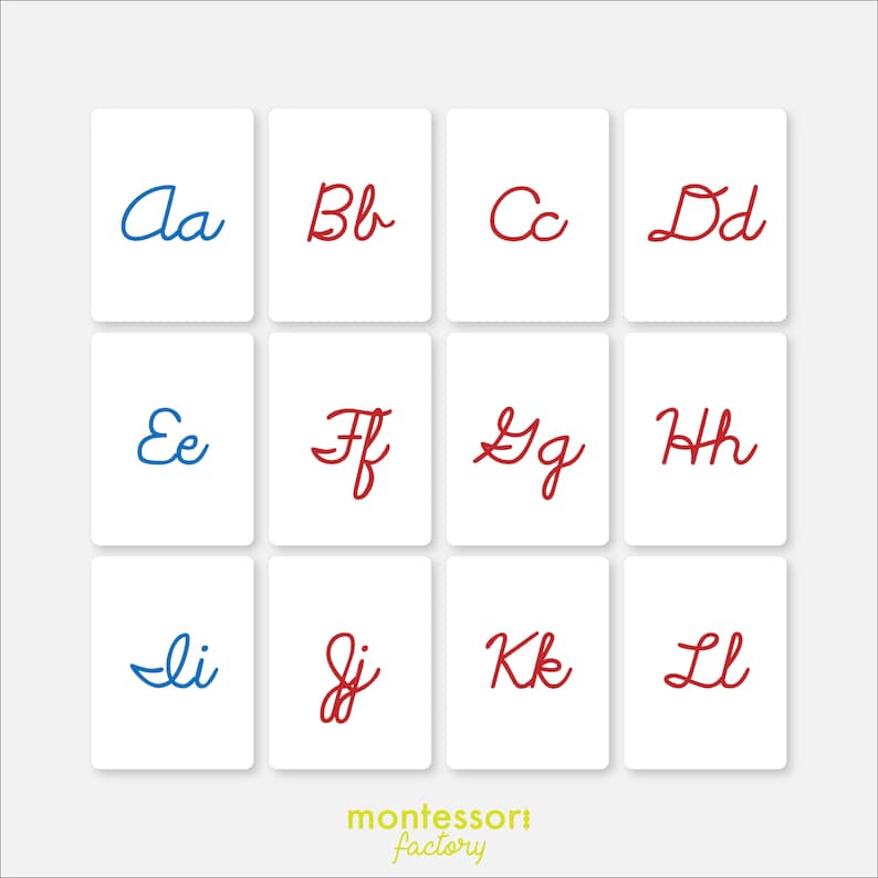 Flash Cards CURSIVE ALPHABET Montessori Cards Montessori Printable Educational Material Editable PDF