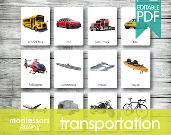 Montessori Transportation Nomenclature Cards • Vehicles Flash Cards (Editable PDF)
