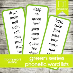 SÉRIE VERTE Listes de mots phonétiques • Montessori • Matériel pédagogique • Enseignement à domicile • PDF (45 cartes, 450 mots)