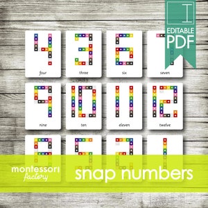 SNAP CUBES NUMBERS 1 to 12 • Montessori Cards • Flash Cards • Three Part Cards • Nomenclature Cards • Educational • Printable • Editable