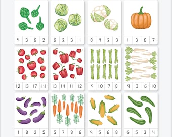 COUNTING VEGETABLES Numbers 1 to 20 • Montessori Counting Cards • Clip Cards • Flash Cards • Educational • Montessori Printable • Editable