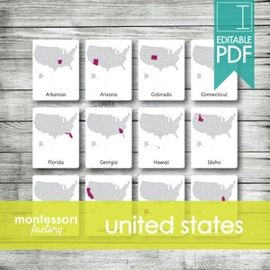 50 Mapas de ESTADOS UNIDOS • Tarjetas Montessori • Tarjetas Flash • Tarjetas de Tres Partes • Tarjetas de Nomenclatura • Educativas • Imprimibles • PDF Editables