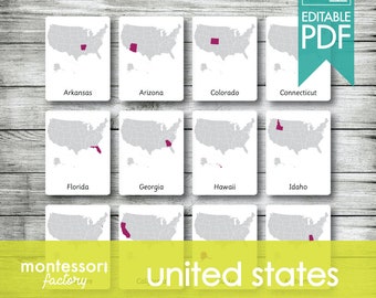 50 UNITED STATES Maps • Montessori Cards • Flash Cards • Three Part Cards • Nomenclature Cards • Educational • Printable • Editable PDF
