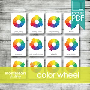 TEORÍA DE LA RUEDA DE COLOR • Tarjetas Montessori • Tarjetas flash • Tarjetas de tres partes • Tarjetas de nomenclatura • Montessori imprimible • Editable