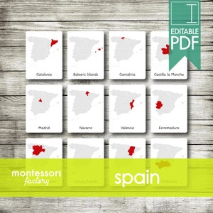 SPAIN REGIONS MAPS • Montessori Cards • Flash Cards • Three Part Cards • Nomenclature Cards • Educational Material • Printable • Editable