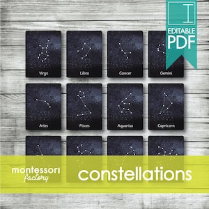 CONSTELACIONES DEL ZODIACO • Tarjetas Montessori • Tarjetas Flash • Tarjetas de Tres Partes • Tarjetas de Nomenclatura • Educativas • Imprimibles • PDF editables