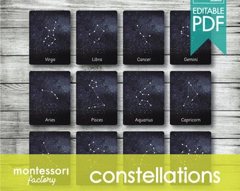 CONSTELLATIONS ZODIAC • Montessori Cards • Flash Cards • Three Part Cards • Nomenclature Cards • Educational • Printable • Editable PDF