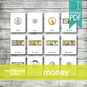 DINERO • Nomenclatura Montessori - Flash - Tarjetas de 3 Partes • Material educativo • Educación en casa • PDF editable (16 tarjetas diferentes)