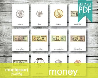 Montessori Money Nomenclature Cards • Editable PDF, Coins, Bills Homeschool Material