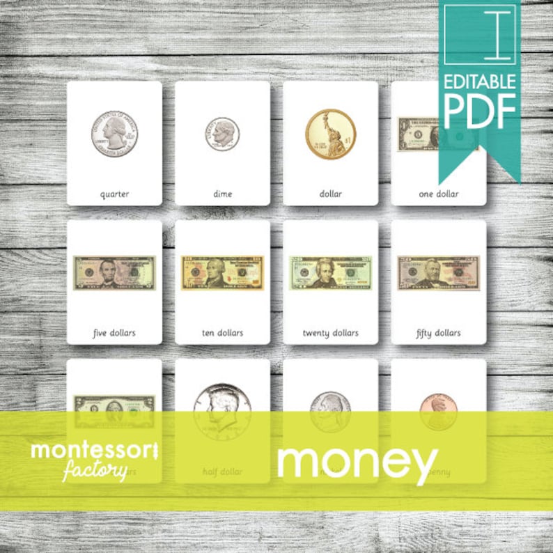 May include: A set of 10 printable flashcards featuring images of US currency, including coins and bills. The cards are labeled with the value of each currency, such as "quarter", "dime", "dollar", "five dollars", "ten dollars", "twenty dollars", "fifty dollars", "half dollar", and "penny".