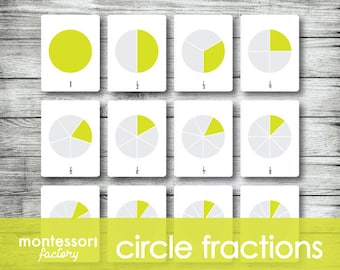 May include: Set of 8 circle fraction cards with yellow and gray sections. The cards show fractions from 1/2 to 1/8. The cards are labeled with the fraction they represent. The cards are on a white wooden background. The text "montessori factory" and "circle fractions" is at the bottom of the image.