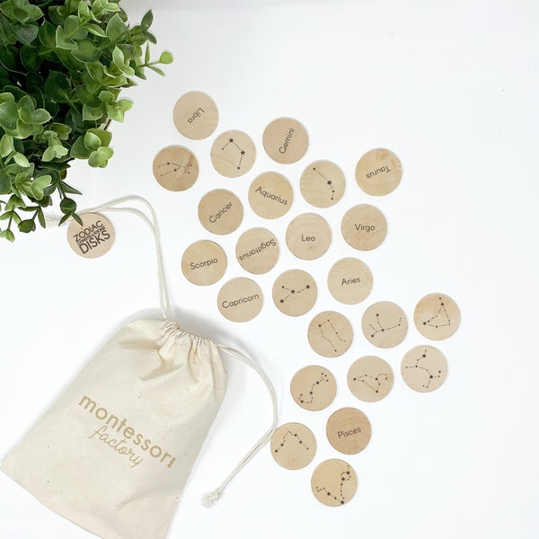 ZODIAC SIGNS CONSTELLATIONS Stars • Wooden Coins • Wood Disks • Montessori Educational Toy • Memory Game • Stocking Stuffers For Kids